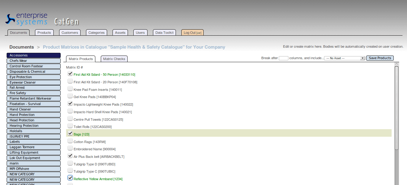 Screenshot of document product listings and comparison for a sample matrix